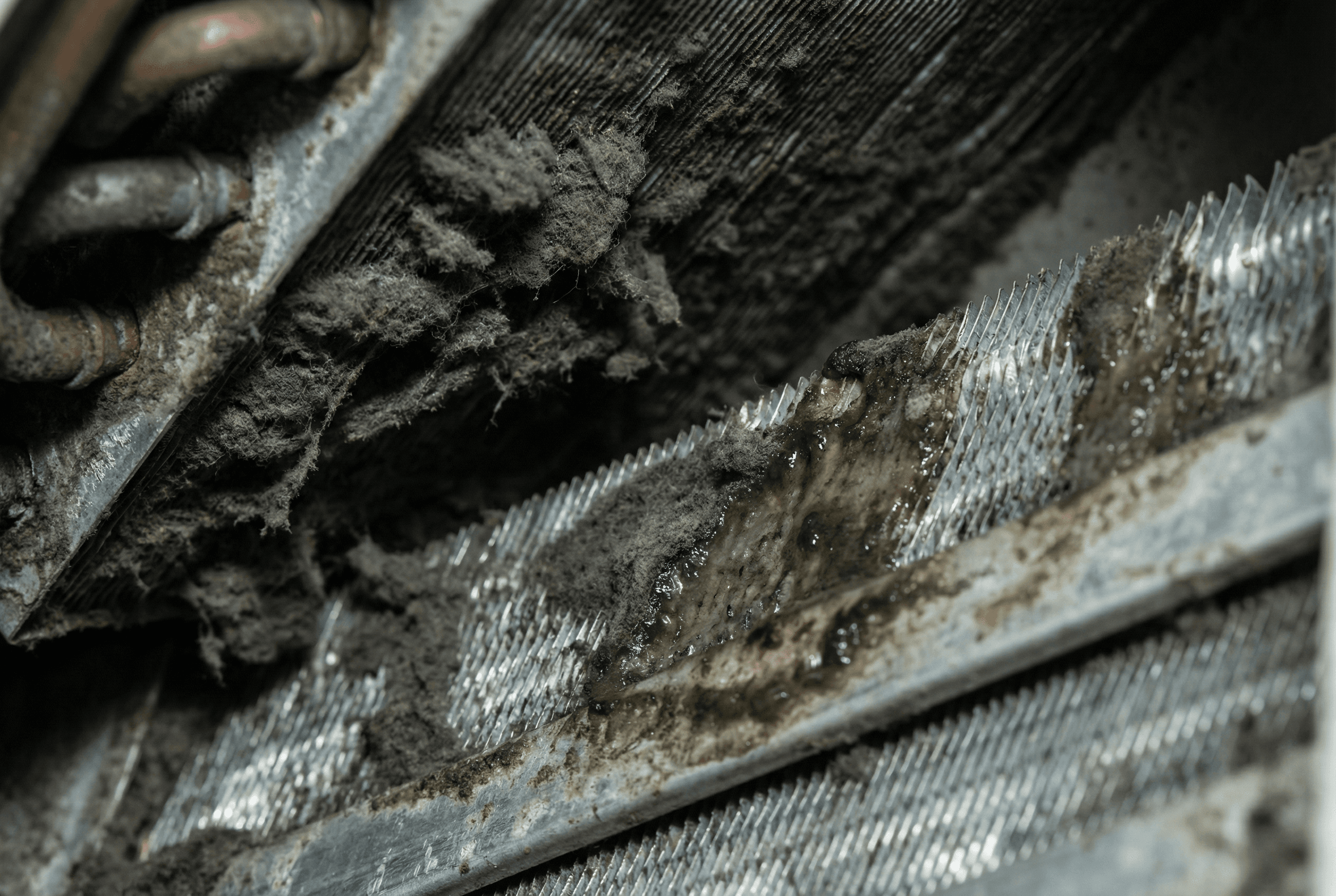 困った顔の主婦や埃の詰まったエアコン内部