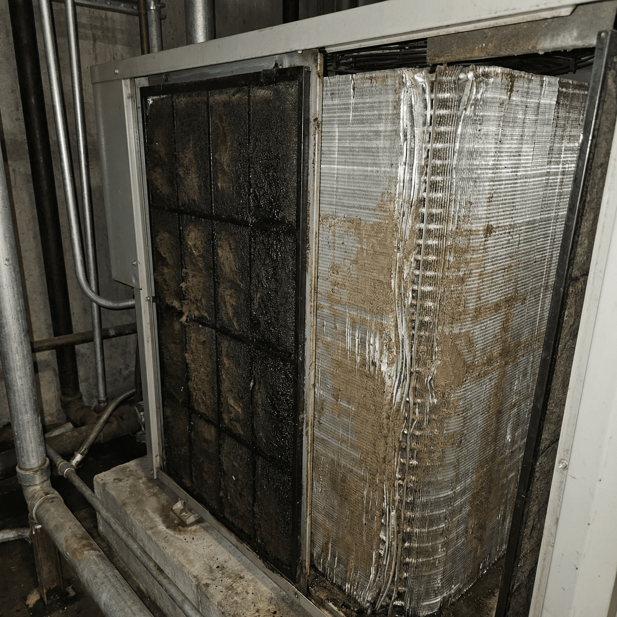 油汚れで目詰まりした巨大なフィルターとフィン。